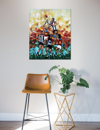 the artwork depicts the action in a footy (AFL) match done in abstract style. Collingwood magpies and Brisbane Lions were in this years (2023) and the painting shows the players wearing the jerseys of these two teams.