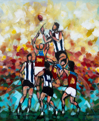 the artwork depicts the action in a footy (AFL) match done in abstract style. Collingwood magpies and Brisbane Lions were in this years (2023) and the painting shows the players wearing the jerseys of these two teams.