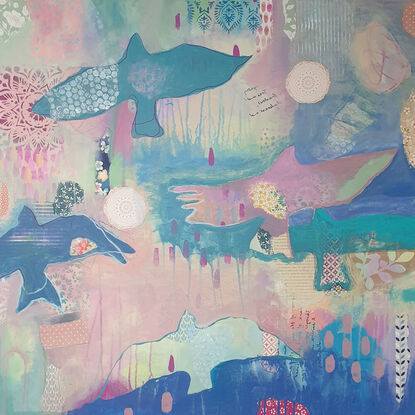 Semi abstract mixed media painting of birds flying, surrounded by patterns and mark making. The main colours of this artwork is pastel blue, pink and teal. Other random color's are used. Original artwork by artist Libby Mills.