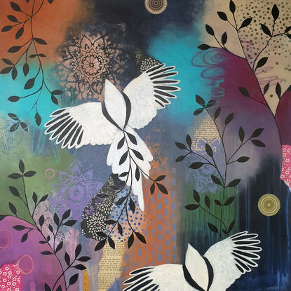 Semi abstract mixed media painting of birds flying, surrounded by patterns and mark making. The main colours of this artwork is purple, green, teal, burnt siena. Other random color's are used. Original artwork by artist Libby Mills.