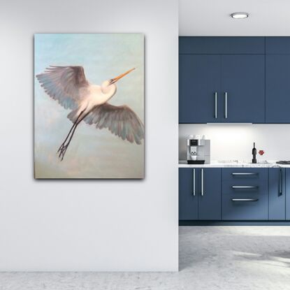 Bird painting, Egret soaring into the blue sky. Heron Seagull Seagulls 