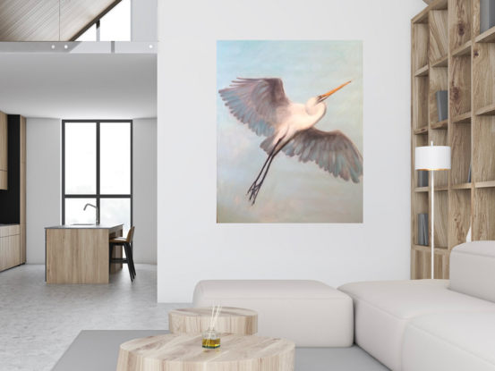 Bird painting, Egret soaring into the blue sky. Heron Seagull Seagulls 