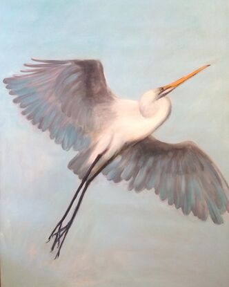 Bird painting, Egret soaring into the blue sky. Heron Seagull Seagulls 