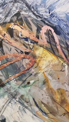 A large abstract landscape of the Snowy mountains region in mixed media.