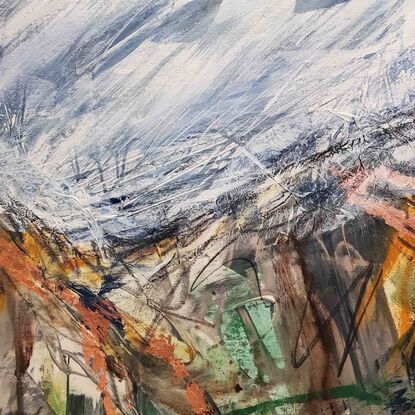 A large abstract landscape of the Snowy mountains region in mixed media.