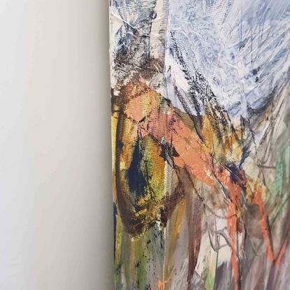 A large abstract landscape of the Snowy mountains region in mixed media.