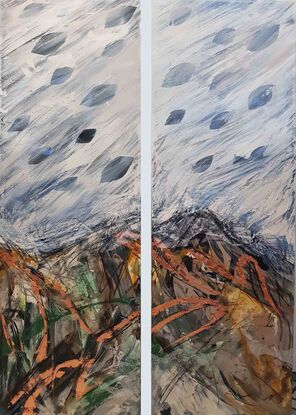 A large abstract landscape of the Snowy mountains region in mixed media.