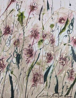 An abstract of wild grass and leaves in dusty pink, blush