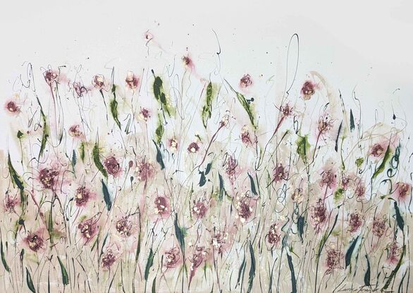 An abstract of wild grass and leaves in dusty pink, blush