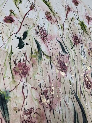 An abstract of wild grass and leaves in dusty pink, blush