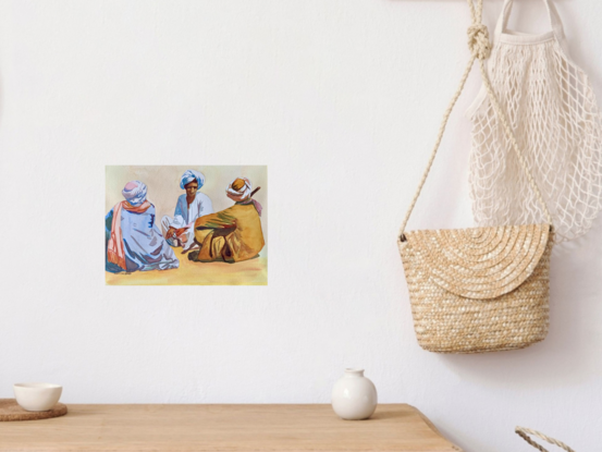 An artwork showing a group of men sitting talking together in the sun.