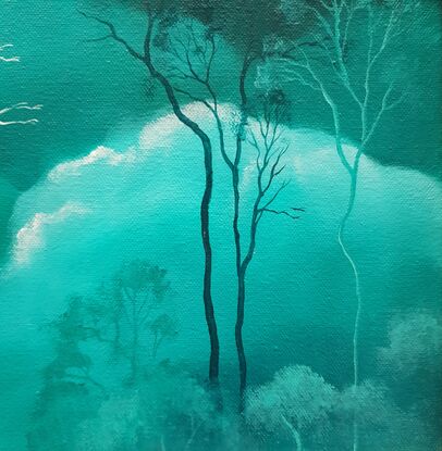 Oil painting, landscape, Australiana, ghost gum trees,  small, tall, reds and pink clouds, tree tops, floating frame, Lucinda Leveille