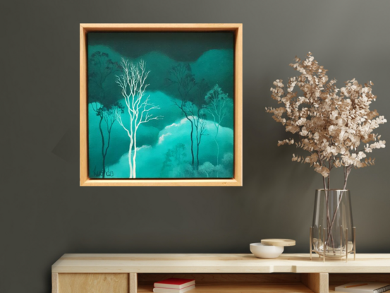 Oil painting, landscape, Australiana, ghost gum trees,  small, tall, reds and pink clouds, tree tops, floating frame, Lucinda Leveille