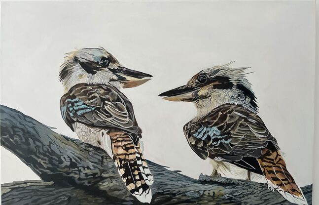 Two kookaburras perched gracefully on a sturdy tree branch, their vibrant feathers standing out against the muted backdrop of the grey sky. Their beauty adds a touch of vibrancy to the scene, capturing the eye with their vivid colors and lively presence.