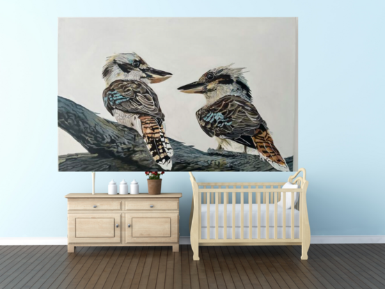 Two kookaburras perched gracefully on a sturdy tree branch, their vibrant feathers standing out against the muted backdrop of the grey sky. Their beauty adds a touch of vibrancy to the scene, capturing the eye with their vivid colors and lively presence.