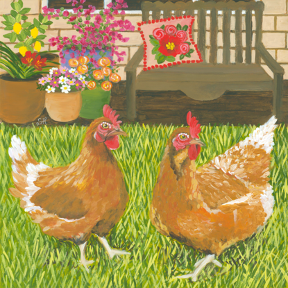 2 chickens on the grass in the backyard with pot plants and flowers and a bench in the backgorund