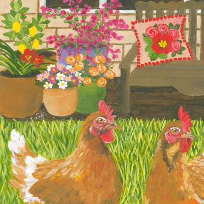 2 chickens on the grass in the backyard with pot plants and flowers and a bench in the backgorund