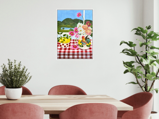 still life scene featuring a vase with a rooster filled with pink and white cosmos and orange roses next to a bowl with red spots filled with lemons, against a hinterland inspired landscape window view backdrop and a red gingham table cloth