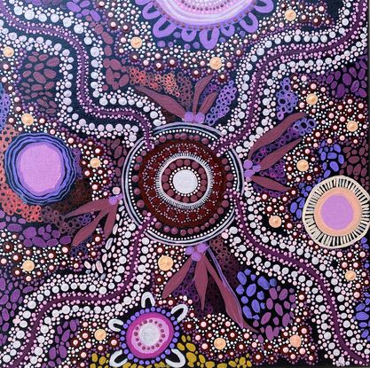 Aboriginal art that talks about connecting with the land. Purple, red and pink colours are used in this piece. 