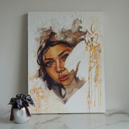 Girl painted on texture art with sculpted flower