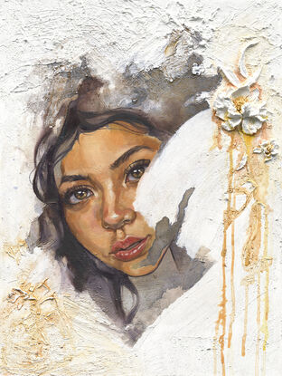 Girl painted on texture art with sculpted flower