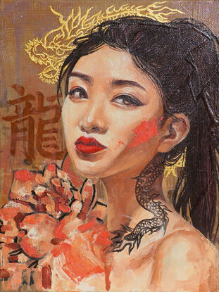 Asian girl with pink paint streak on cheek and dragon tattoo behind red flower