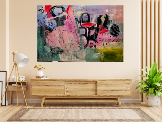 Brightly coloured, whimsical adventure  on canvas. 
I can see a pink rabbit or a ballerina in a pink tutu. I can also see a bottle opener. 
What do you see?