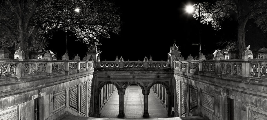 Black and white photograph of Bethesda Terrace in Central Park New York.