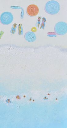 A thickly textured oil painting of an aerial beach scene with colourful lollipop umbrellas, people, and a soft turquoise blue ocean. Painted in soft pastel tones. Close your eyes, take a breath, and let the soothing colours transport you to the peaceful shores of your imagination.