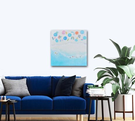 A thickly textured oil painting of an aerial beach scene with colourful lollipop umbrellas, people, and a soft turquoise blue ocean. Painted in soft pastel tones. Close your eyes, take a breath, and let the soothing colours transport you to the peaceful shores of your imagination.