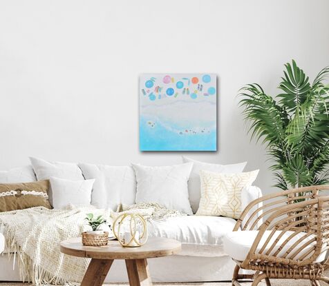 A thickly textured oil painting of an aerial beach scene with colourful lollipop umbrellas, people, and a soft turquoise blue ocean. Painted in soft pastel tones. Close your eyes, take a breath, and let the soothing colours transport you to the peaceful shores of your imagination.