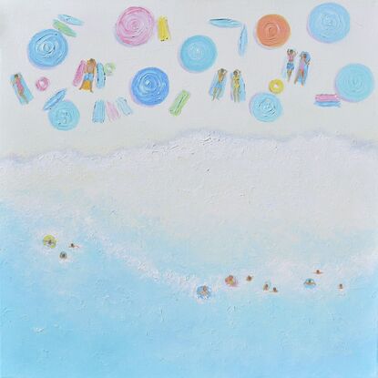 A thickly textured oil painting of an aerial beach scene with colourful lollipop umbrellas, people, and a soft turquoise blue ocean. Painted in soft pastel tones. Close your eyes, take a breath, and let the soothing colours transport you to the peaceful shores of your imagination.