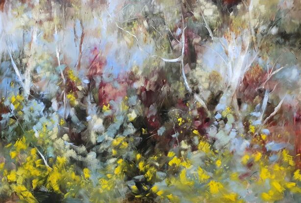 Textural, soft abstract impressionist landscape of eucalypt forest canopy in green-blue palette with crimson accents and yellow wattle.  By Australian artist Victoria Collins. 