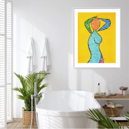 Contemporary abstract minimalist figurative nude art drawing by Sabina D'Antonio, with multiple colours on yellow.