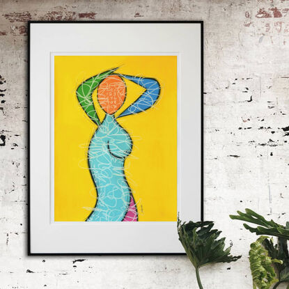 Contemporary abstract minimalist figurative nude art drawing by Sabina D'Antonio, with multiple colours on yellow.