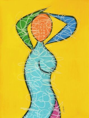 Contemporary abstract minimalist figurative nude art drawing by Sabina D'Antonio, with multiple colours on yellow.