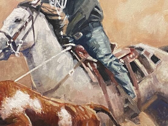 Chasing after cattle is one of the main tasks of cowboys, and this scene also demonstrates the cowboy's grazing experience and strength.

Every one of my paintings strives to give people a strong first impression and feeling. I try to be that every painting I send to my customers is intact and undamaged, and it is delivered to them in the shortest possible time. I also use the best pigments, which last for a long time.
Paul is an Oil Painters of America (OPA) Signature Member, Art Gallery Painter, Award-Winning Artist, Sr. Illustrator in Animation and Gaming field, born in Guangzhou, China. Received his BFA degree from Guangzhou Academy of Fine Art one of the most prestigious fine arts schools in China, has lived in the United States over 27 years. 
In the past 6 years at the Academy of Fine Arts, he has learned solid basic fine art skills in drawing and paint realism. This can be seen from many of his artworks. The subjects he likes to paint are diverse and all have his own unique observation vision and style features, such as characters, landscapes, cityscapes, still life, animals, historical theme etc., the style is impressionism, sometimes he also paints abstract paintings, and when he works for animation or game companies, he also uses Photoshop to paint on computer. For decades, the price of his paintings has been increasing in the world art market. Many art collectors all over the world are collecting his artwork. 

All works are copyrighted, and all rights are reserved by the artist.
Thank You!

