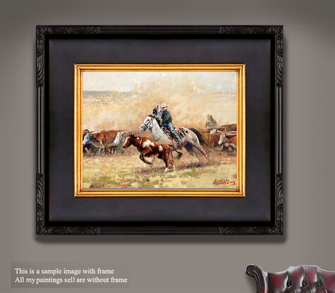 Chasing after cattle is one of the main tasks of cowboys, and this scene also demonstrates the cowboy's grazing experience and strength.

Every one of my paintings strives to give people a strong first impression and feeling. I try to be that every painting I send to my customers is intact and undamaged, and it is delivered to them in the shortest possible time. I also use the best pigments, which last for a long time.
Paul is an Oil Painters of America (OPA) Signature Member, Art Gallery Painter, Award-Winning Artist, Sr. Illustrator in Animation and Gaming field, born in Guangzhou, China. Received his BFA degree from Guangzhou Academy of Fine Art one of the most prestigious fine arts schools in China, has lived in the United States over 27 years. 
In the past 6 years at the Academy of Fine Arts, he has learned solid basic fine art skills in drawing and paint realism. This can be seen from many of his artworks. The subjects he likes to paint are diverse and all have his own unique observation vision and style features, such as characters, landscapes, cityscapes, still life, animals, historical theme etc., the style is impressionism, sometimes he also paints abstract paintings, and when he works for animation or game companies, he also uses Photoshop to paint on computer. For decades, the price of his paintings has been increasing in the world art market. Many art collectors all over the world are collecting his artwork. 

All works are copyrighted, and all rights are reserved by the artist.
Thank You!

