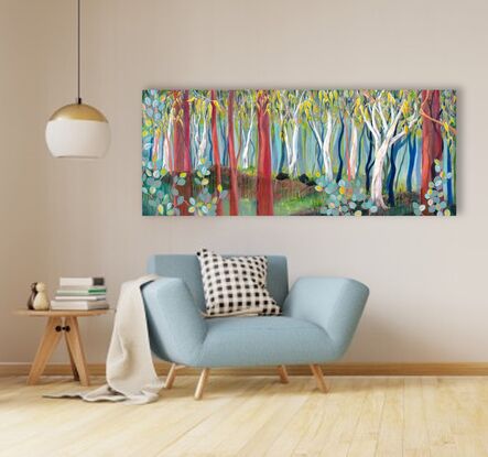 A colourful (blue/green/yellow) semi-abstract treescape with striking translucent red tree trunks in the foreground - can't see the forest for the tress