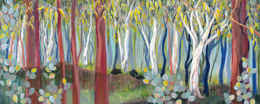 A colourful (blue/green/yellow) semi-abstract treescape with striking translucent red tree trunks in the foreground - can't see the forest for the tress