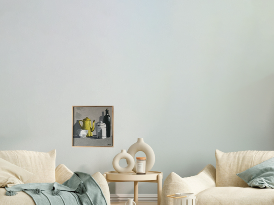 four vintage objects sit on a mid grey surface. A small white bowl, a yellow enamel coffee pot, a lidded white enamel canister and a taller olive green bottle. the background is a light grey