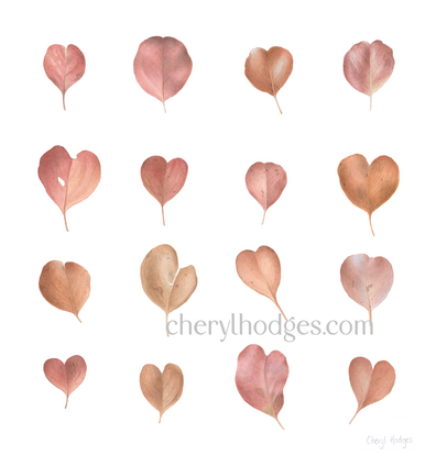 Heart shaped eucalyptus leaves in a grid pattern, painted in watercolours.