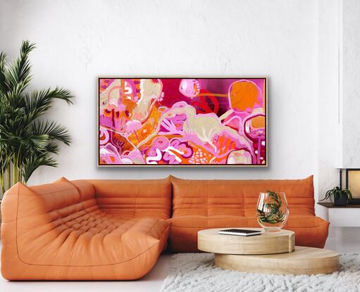 Bright colours in floral shapes depicting a landscape, reds, oranges and pinks 