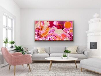 Bright colours in floral shapes depicting a landscape, reds, oranges and pinks 