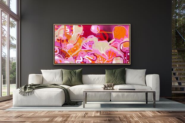 Bright colours in floral shapes depicting a landscape, reds, oranges and pinks 