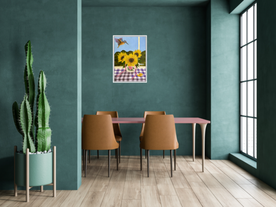 vase of 3 sunflowers on a purple gingham table cloth against a window view hinterland inspired landscape scene