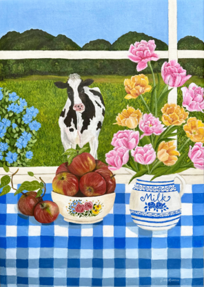 still life scene featuring a white and blue milk jug with filled with yellow and pink foxtrot tulips next to a bowl filled with red apples, against a hinterland inspired landscape window view backdrop and a blue gingham table cloth