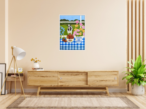 still life scene featuring a white and blue milk jug with filled with yellow and pink foxtrot tulips next to a bowl filled with red apples, against a hinterland inspired landscape window view backdrop and a blue gingham table cloth