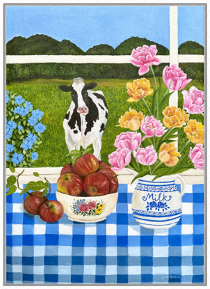 still life scene featuring a white and blue milk jug with filled with yellow and pink foxtrot tulips next to a bowl filled with red apples, against a hinterland inspired landscape window view backdrop and a blue gingham table cloth