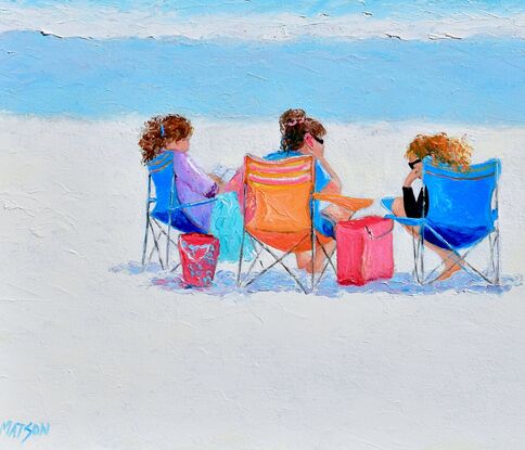 A colourful beach scene with three young women sitting in beach chairs chatting in front of the ocean.